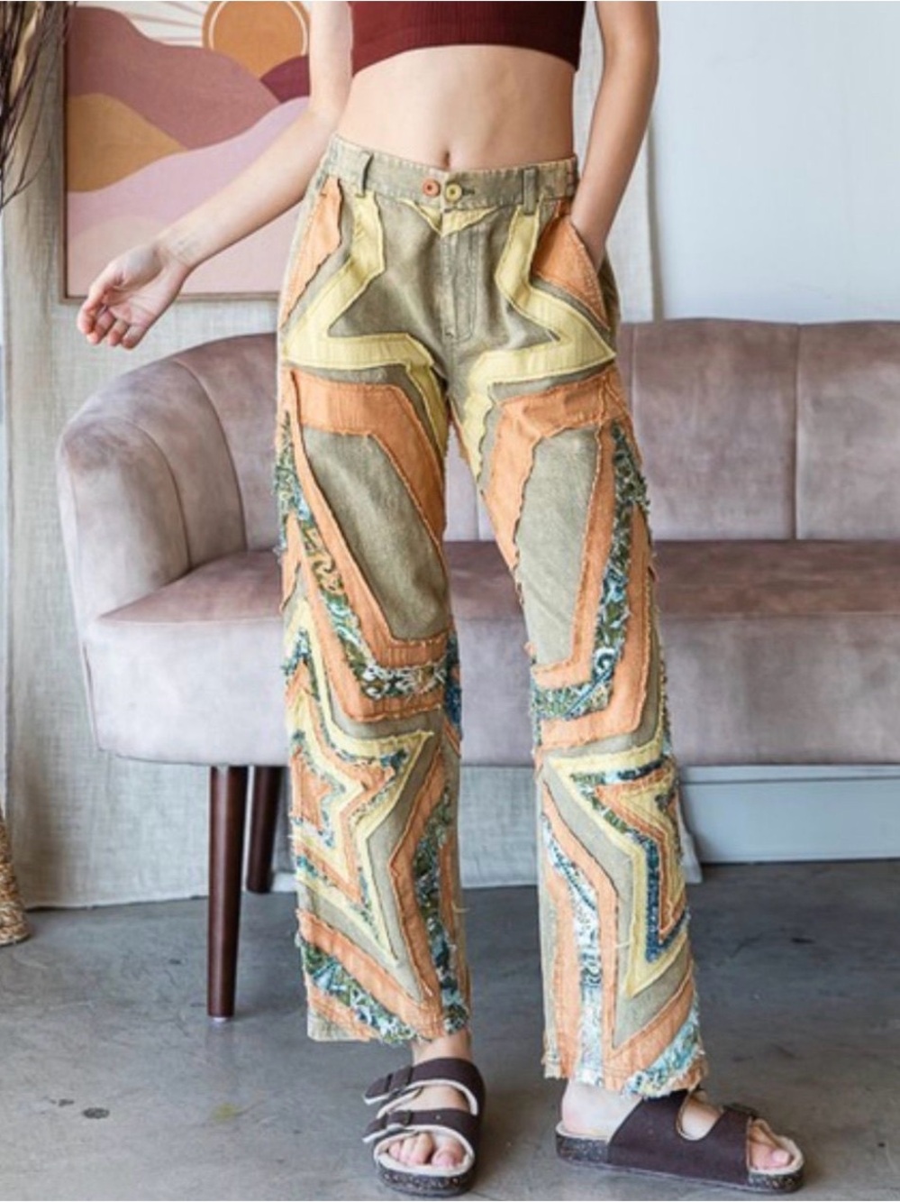 Oli & Hali Olive Wide-Leg Patchwork Pants with Peach & Yellow Accents